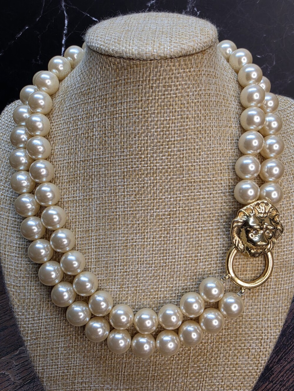 Vintage KJL for Avon Lion Head Faux Pearl Double Strand Necklace